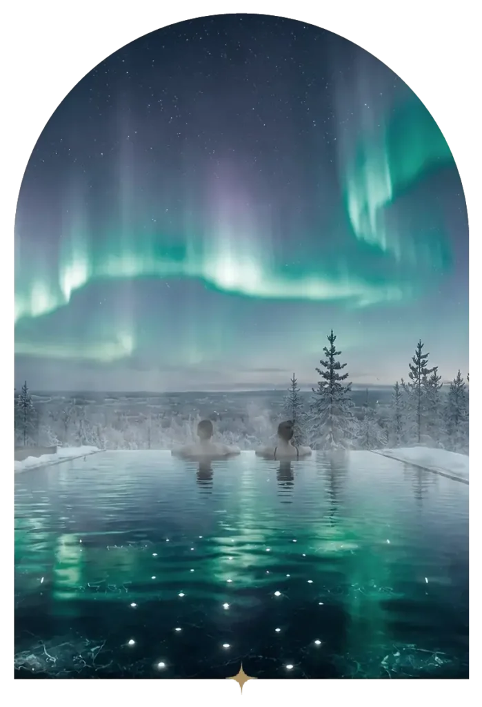 Heated infinity pool at Arctic Spa Culta beneath the glowing Northern Lights.
