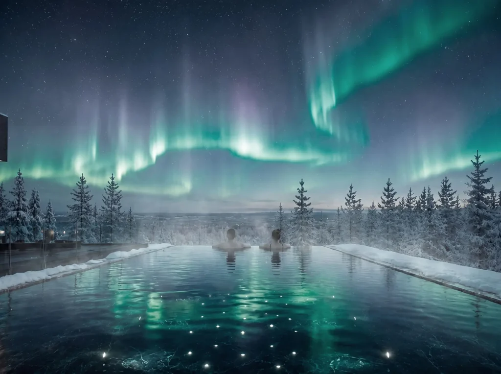 Heated infinity pool at Arctic Spa Culta beneath the glowing Northern Lights.