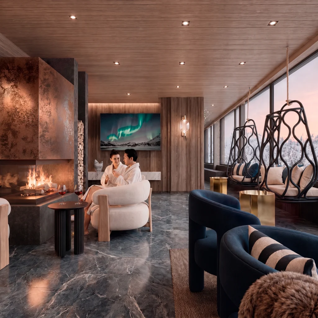 A couple in white bathrobes relaxing by a modern fireplace with wine in the lounge at Arctic Spa Culta.